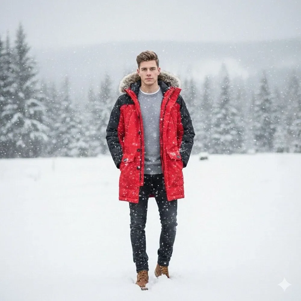 Lands’ End Down & Primaloft Winter Parka Mens Small 34–36 Faux Fur Hood